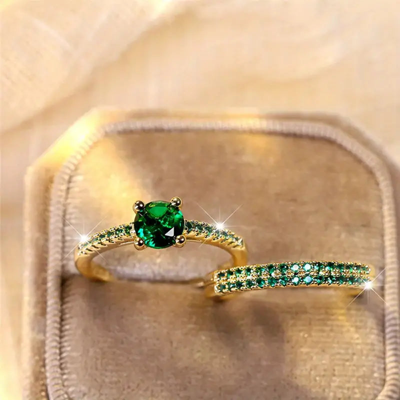 Anaya | Gold Duo Ring Set with Emerald Accents
