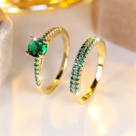 Anaya | Gold Duo Ring Set with Emerald Accents