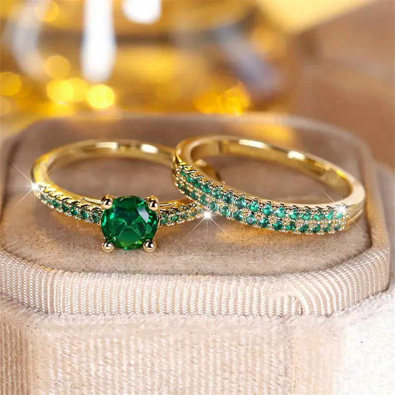 Anaya | Gold Duo Ring Set with Emerald Accents